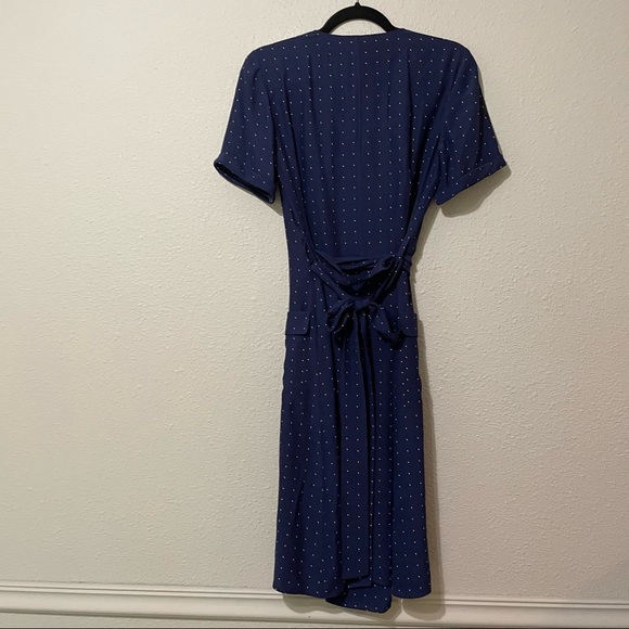 ASO Rory Gilmore Gilmore Girls Blue Polka Dot Silk Short Sleeve Tie Wrap Dress - Picture 7 of 11